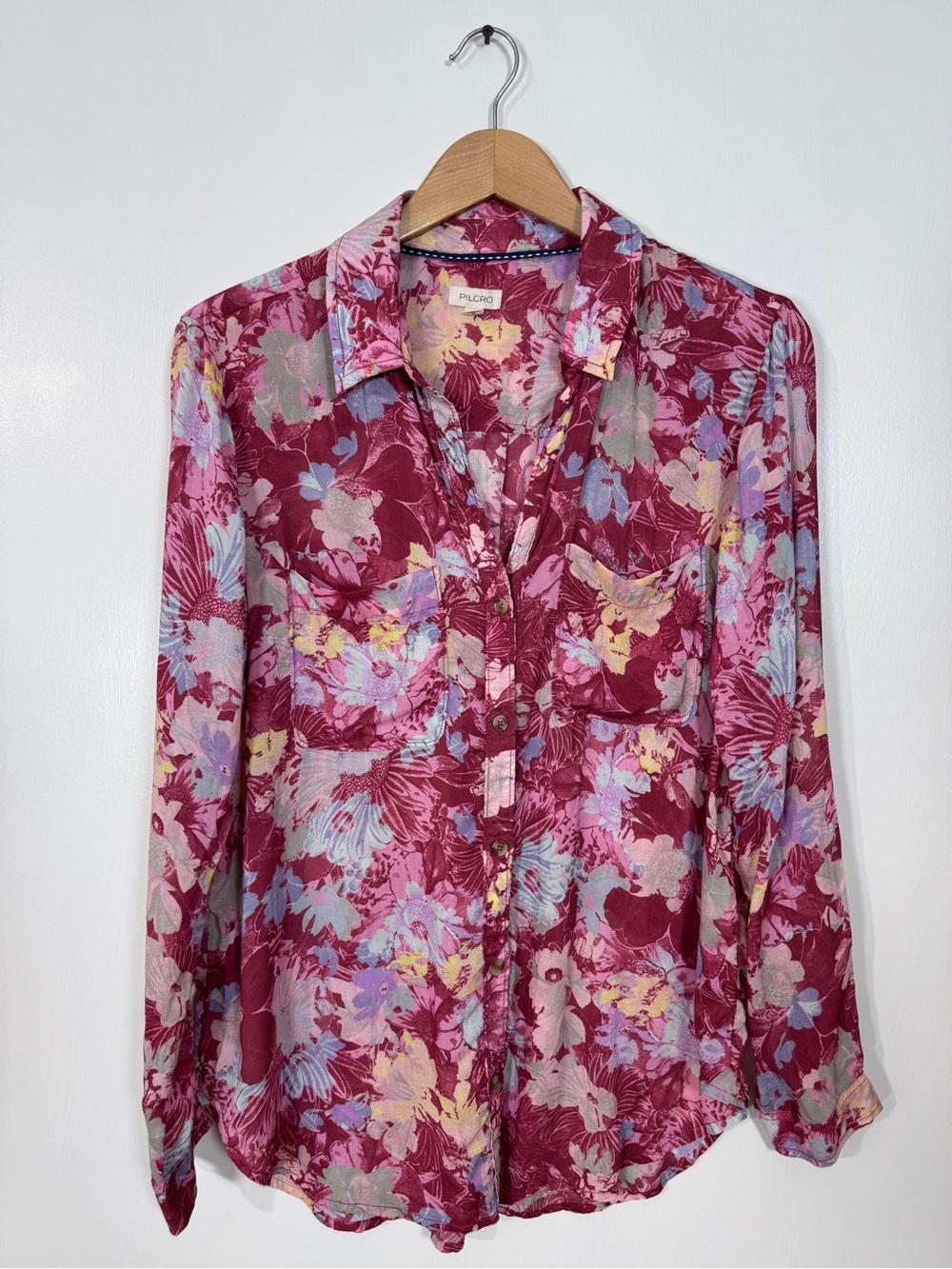 WSH75 {Pilcro x Anthropologie} Pink Floral Long Sleeve Button Down Top Shirt
